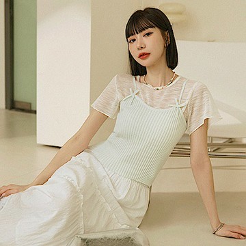 真兩件透膚短袖坑條蝴蝶結背心上衣-OB大尺碼