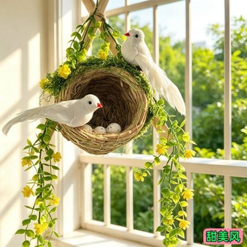 ✅【田園風仿真花鳥窩掛飾】 田園風格清新討喜 仿真鳥窩仿真花裝飾 戶外庭院溫馨加分 陽台花園都好掛 居家美化好物