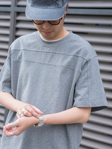 高品質花灰色拼接重磅面料圓領短袖T恤 明顯落肩純色寬松