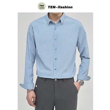 春季精梳棉條紋修身長袖襯衫男法式高級感寸衫設計感小眾尖領襯衣