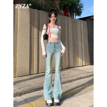 (免運)ZYZA淺藍微喇牛仔褲女春季穿搭新款高腰彈力褲子復古顯瘦喇叭長褲
