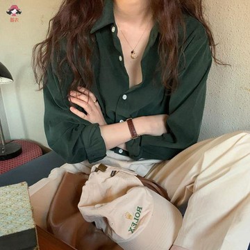 薇衣//春季襯衫女 長袖襯衫 內搭襯衫 高智感襯衫 設計感小衆復古港味純色百搭長袖polo領疊穿外搭磨毛襯衫上衣女春