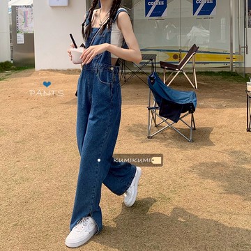 藍色薄款牛仔褲背帶褲女直筒褲開叉褲子夏季顯瘦寬松闊腿褲長褲潮