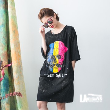 古著 三色鬍子骷顱頭側口袋長版大T