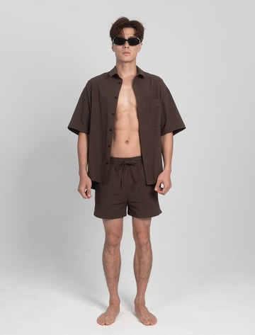 Coffee Brown 咖啡棕 / 泡泡紗 落肩度假襯衫