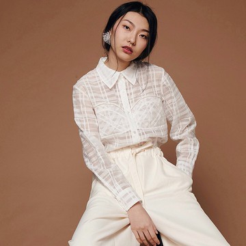 Hepburn赫本 施華洛珍珠 手工釘珠格紋長袖襯衫