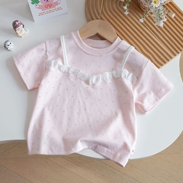 Healthy baby 女童甜美花邊夏季短袖T恤寶寶新款蕾絲兒童上衣韓版假兩件短袖 T恤 女童短袖 儿童上衣