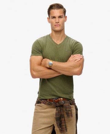 Superdry Men's Men's Organic Cotton Essential Logo V Neck T-Shirt Green / Thrift Olive Marl - Size: L