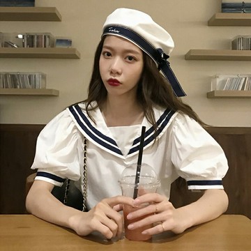 學院風海軍領泡泡袖襯衣別致上衣女夏設計感小眾甜美短袖白色襯衫