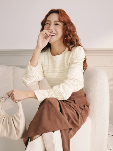 氣質蕾絲拼接舒彈內刷毛長袖上衣