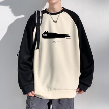 圓領衛衣男士春秋季新款黑白拼接打底衫情侶裝寬松百搭外套上衣服