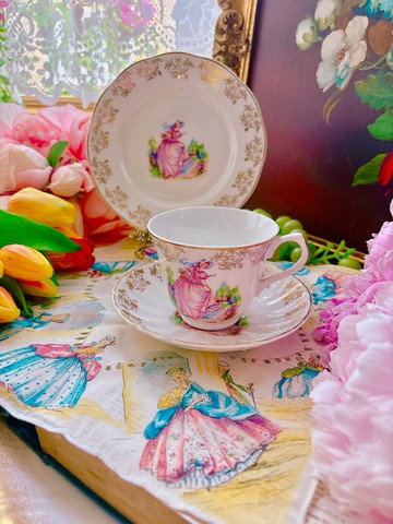 英國製1930年手繪鄉村風娃娃圖騰22k金古董花茶杯三件組