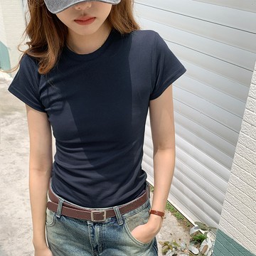 【missy shop】歐美感圓領修身素T-49723