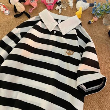 日系條紋polo衫男夏季寬松休閑短袖t恤撞色拼接上衣潮流翻領體恤
