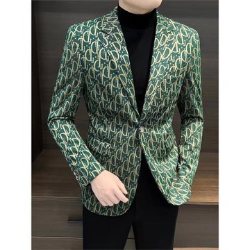 高端印花小西裝外套男士春秋新款時尚潮牌修身商務英倫風休閑西服