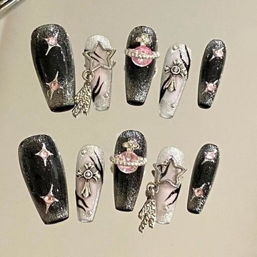 [純手工穿戴甲]甜酷辣妹暗黑系甜辣風辣妹美甲長款發光美甲可拆卸 美甲 美甲貼片 指甲貼片 指甲 穿戴甲