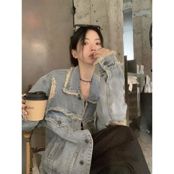 復古毛邊做舊破洞牛仔外套女春秋寬松休閑百搭工裝夾克上衣潮ins