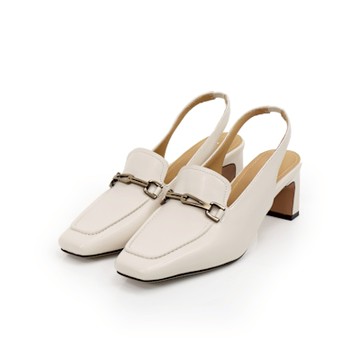 viina馬銜釦方頭後拉帶全真皮跟鞋-米白