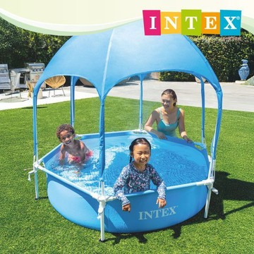 【INTEX】遮陽噴霧六角形框架泳/免充氣泳池/兒童泳池/遊戲池/戲水池183×38cm｜附噴霧遮陽篷（適用3歲以上）