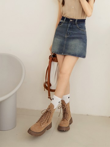 棉質彈性水洗撞色牛仔短裙