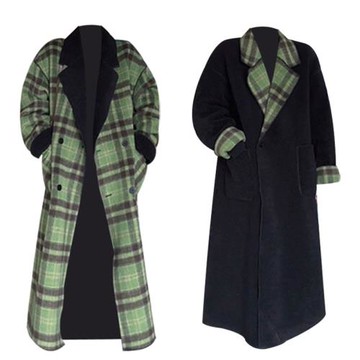 200斤兩面穿黑綠大衣外套中長款復古格子外貿特大碼女裝速賣通潮