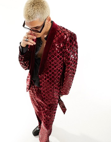 ASOS DESIGN skinny suit jacket in sequin diamond velvet in burgundy-Red