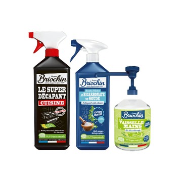 Briochin 藍牌廚房清潔去味組(小蘇打萬用泡沫去味清潔劑 750ml+廚房重污強效清潔劑1L+檸檬小蘇打護手洗碗精500ml) Briochin 藍牌廚房清潔去味組