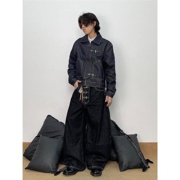 76STREET美式復古水洗原牛仔外套男女剪裁拼接飛機扣短寬翻領夾克