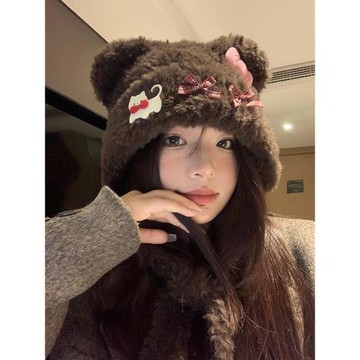 可愛小熊耳朵貓咪蝴蝶結毛絨帽女秋冬季保暖護耳雷鋒帽顯臉小帽子