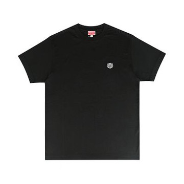 KENZO Happy Tiger英文繡字LOGO針繡老虎頭布標貼純棉短袖T恤(男款/黑)