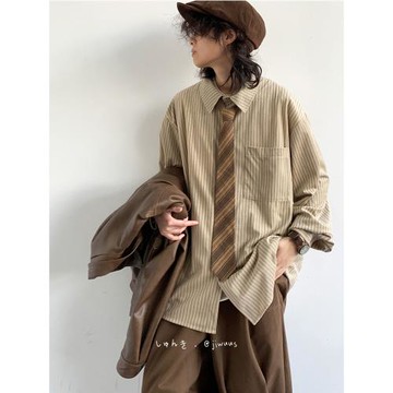 Jiwuus  春日系復古條紋襯衣男女生學院風寬松休閑長袖襯衫外套