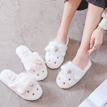 包頭毛毛半拖鞋女獨角獸犀牛秋冬新款室內可愛卡通女保暖平底棉鞋