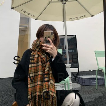 Deepsea深海 ins韓版時髦格子圍巾女冬季百搭仿羊絨圍巾披肩兩用