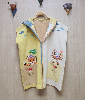 手工刺繡開衫、棉、天然染、鹿、狐狸、蘑菇、花