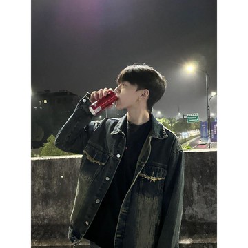 美式復古毛須水洗做舊高街潮牌寬鬆牛仔外套男時尚潮流休閒上衣男