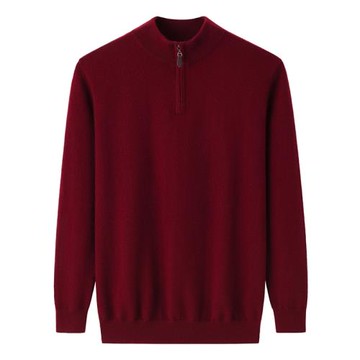 鄂爾多斯市產100純羊絨衫男半拉鏈半高領紅色商務針織衫毛衣E1500