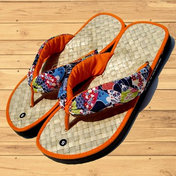和風花漾手工草編拖鞋-橘色夾腳