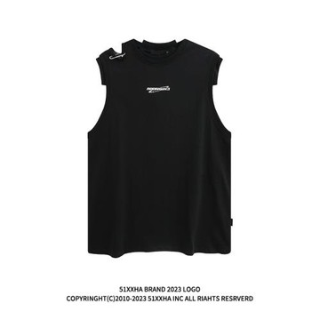 51嘻哈歐美創意別針裝飾黑色運動無袖T恤男潮牌寬松健身背心外穿