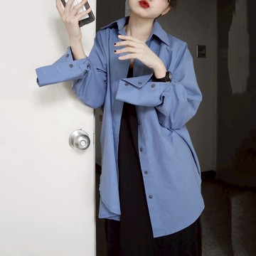 秋裝chic復古寬松BF風長袖襯衫百搭顯瘦中長款襯衣開衫外套女1入