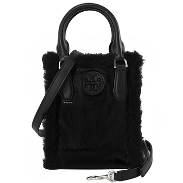 TORY BURCH 145289 亮面皮革絨毛邊迷你兩用托特包.黑