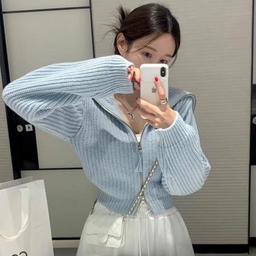 韓國chic秋冬小眾慵懶風雙頭拉鏈寬松百搭軟糯針織長袖毛衣外套女