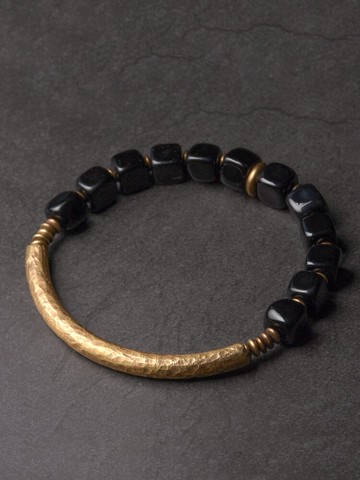 曲尾花黑曜石復古銅手鏈情侶 簡約百搭手串男 原創小眾設計首飾女