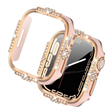 鐳雕雙色 鑲鑽保護殼 自帶玻璃膜 蘋果手錶殼 適用 Apple Watch 11 10 9 8 46MM 防摔殼