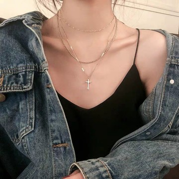 現貨-多層項鍊ins嘻哈十字架脖頸鍊女潮歐美hiphop個性冷淡風鎖骨鏈-D109