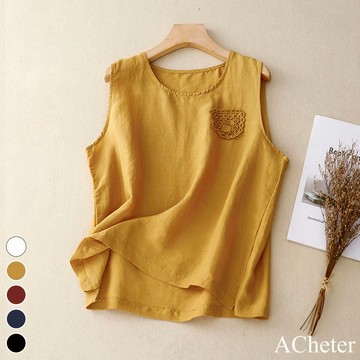 【ACheter】純棉麻上衣寬鬆顯瘦休閒百搭無袖圓領背心短版上衣# 117837(現貨+預購)