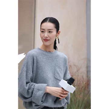 劉雯同款圓領山羊絨寬松灰色慵懶風毛衣女冬加厚設計感小眾針織衫