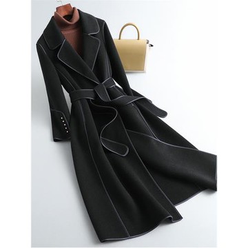 包邊黑色雙面羊絨大衣女中長款高端2025年新款赫本風羊毛毛呢外套