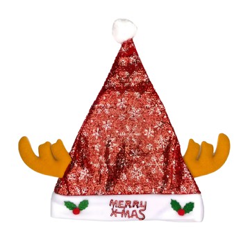 摩達客 耶誕派對閃亮銀雪花金蔥布棕色小牛角聖誕帽 成人款  紅色 + 棕色  1個