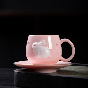 堆白粉色白兔茶杯陶瓷主人杯中式禪定品茗杯帶柄杯碟女性個人單杯
