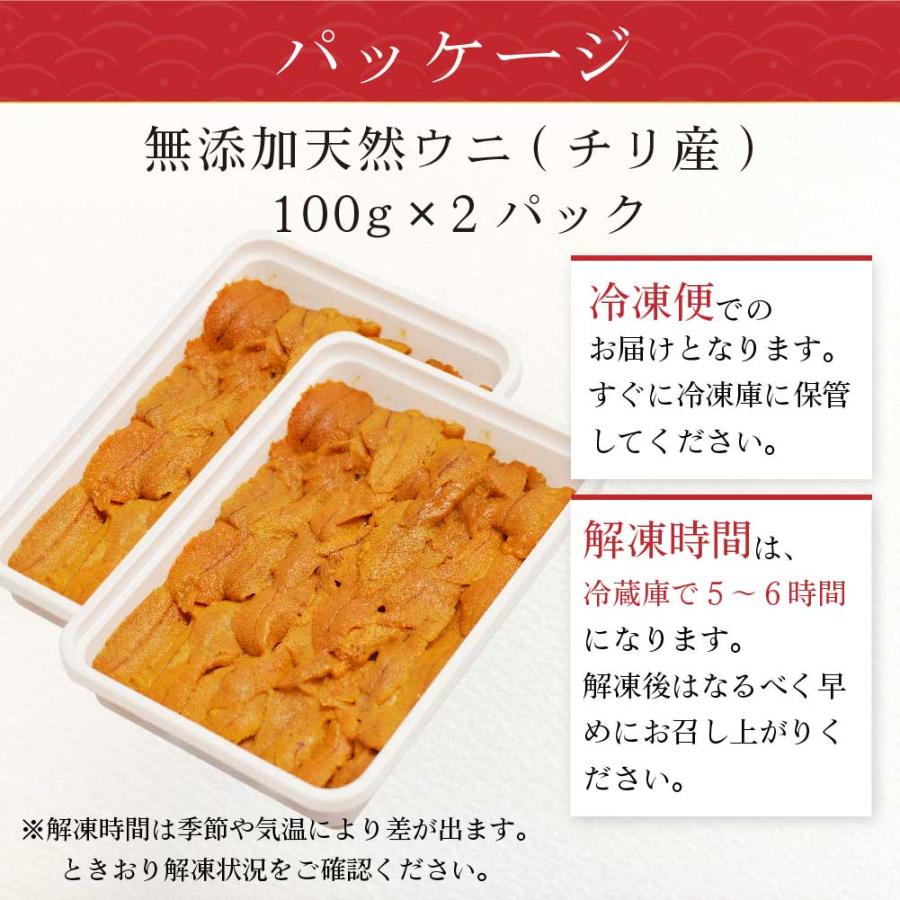 生うに 100g 2パックセット チリ産 無添加 みょうばん不使用 お刺身用 ウニ 雲丹 冷凍 送料無料 お取り寄せ お歳暮 御歳暮 クリスマス